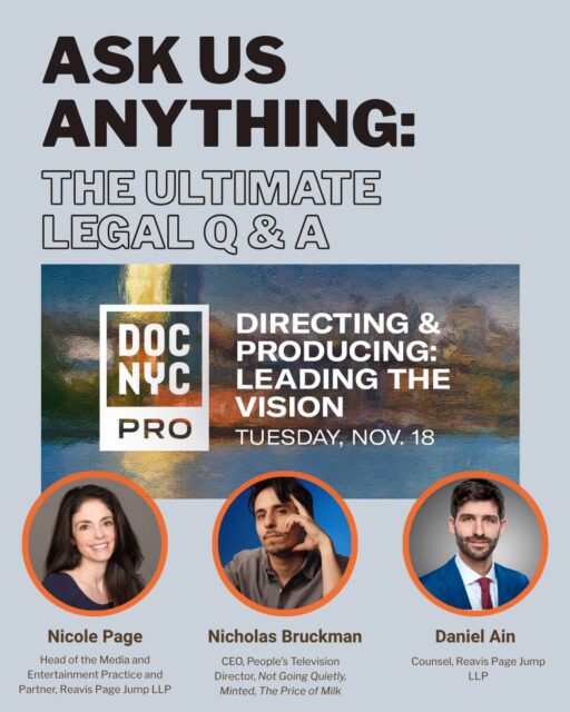 🎬 Join us at @docnycfest on Tuesday, November 18!

Our own @nicholasbruckman joins top entertainment attorneys from @reavispagejump at an open forum built around your questions, giving you direct access to those with expertise who know the documentary landscape inside and out.

📍 Village East by Angelika | Panel @ 11:30am | Link with more info in our bio now!