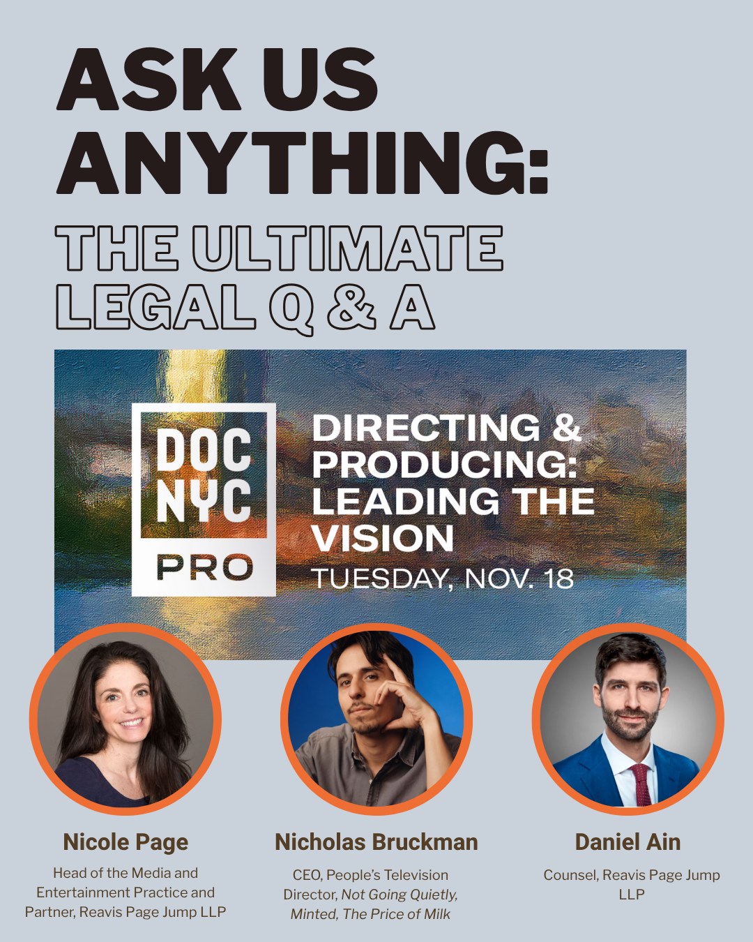 🎬 Join us at @docnycfest on Tuesday, November 18!

Our own @nicholasbruckman joins top entertainment attorneys from @reavispagejump at an open forum built around your questions, giving you direct access to those with expertise who know the documentary landscape inside and out.

📍 Village East by Angelika | Panel @ 11:30am | Link with more info in our bio now!